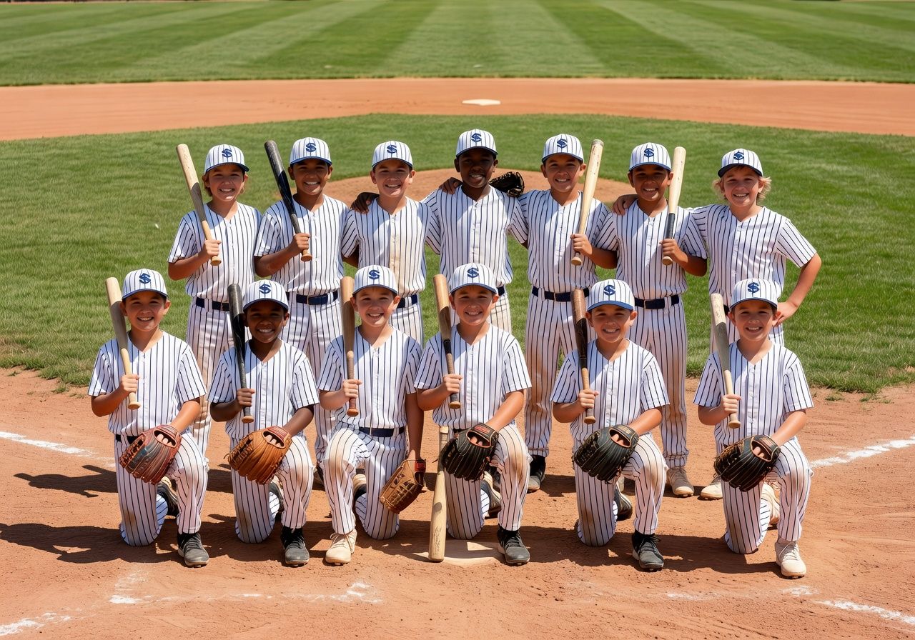 Youth baseball team poses in pinstripe uniforms on a baseball diamond for a team photo.