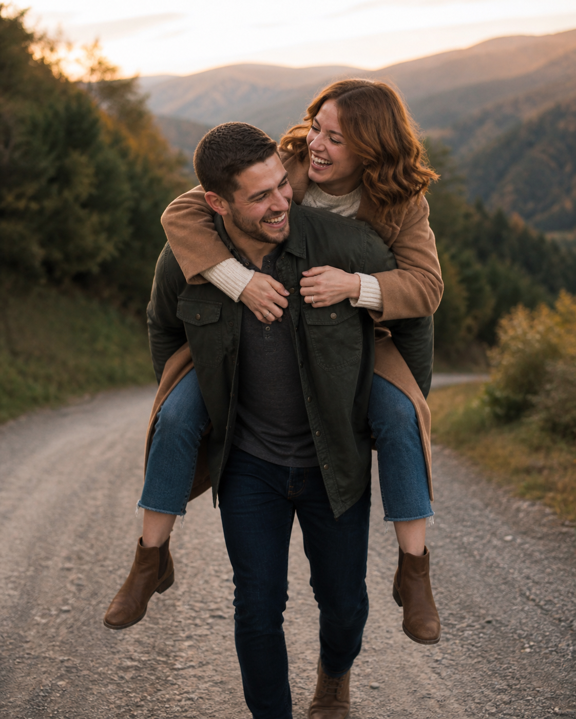 A joyful couple shares a piggyback ride on a scenic mountain road during golden hour in autumn.