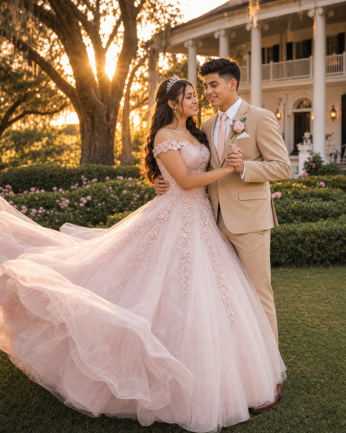 Couple dancing at golden hour in pink lace ballgown and tan suit outside a grand estate.