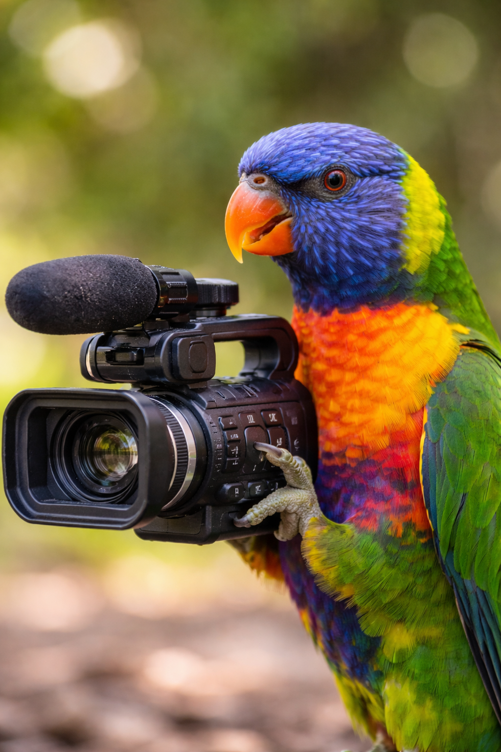 A colorful rainbow lorikeet parrot curiously investigates and peers into the lens of a professional video camera.