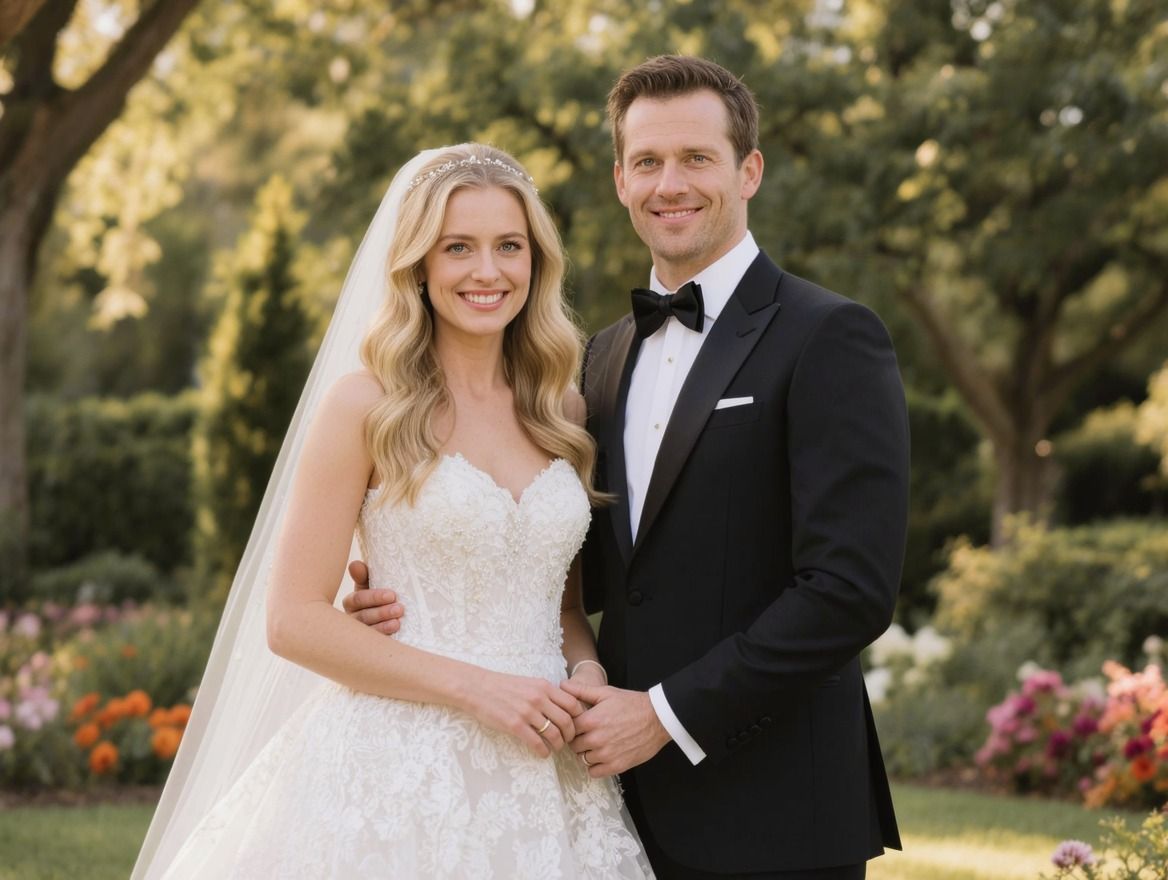 Bride and groom smiling in a garden wedding portrait, she in a strapless gown with veil, he in a black tuxedo.
