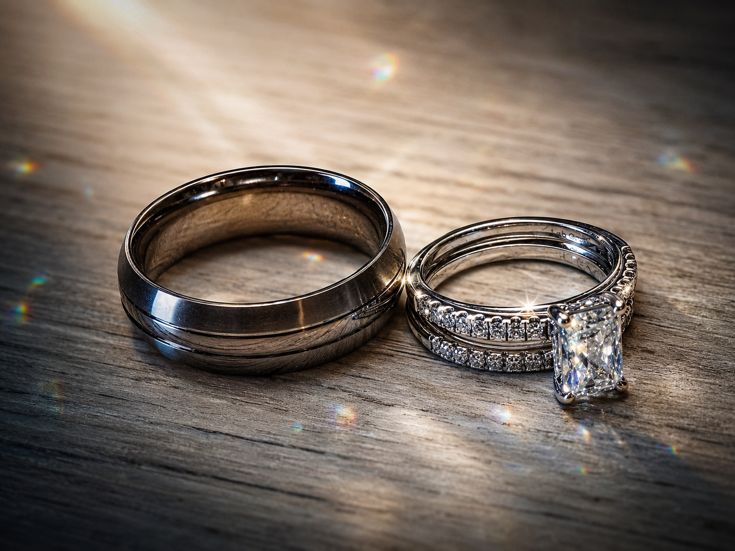 Elegant wedding ring set featuring a tungsten mens band and diamond engagement ring with pave setting on wooden surface.