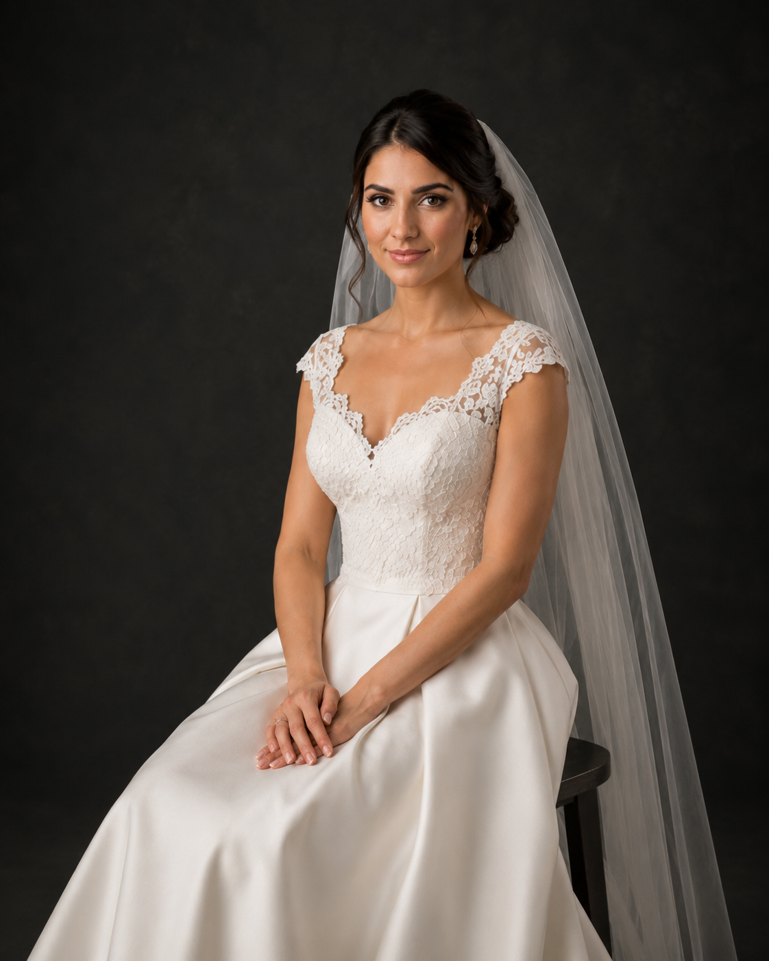 Bride seated in classic ivory wedding dress featuring lace cap sleeves and V-neckline with flowing cathedral veil.