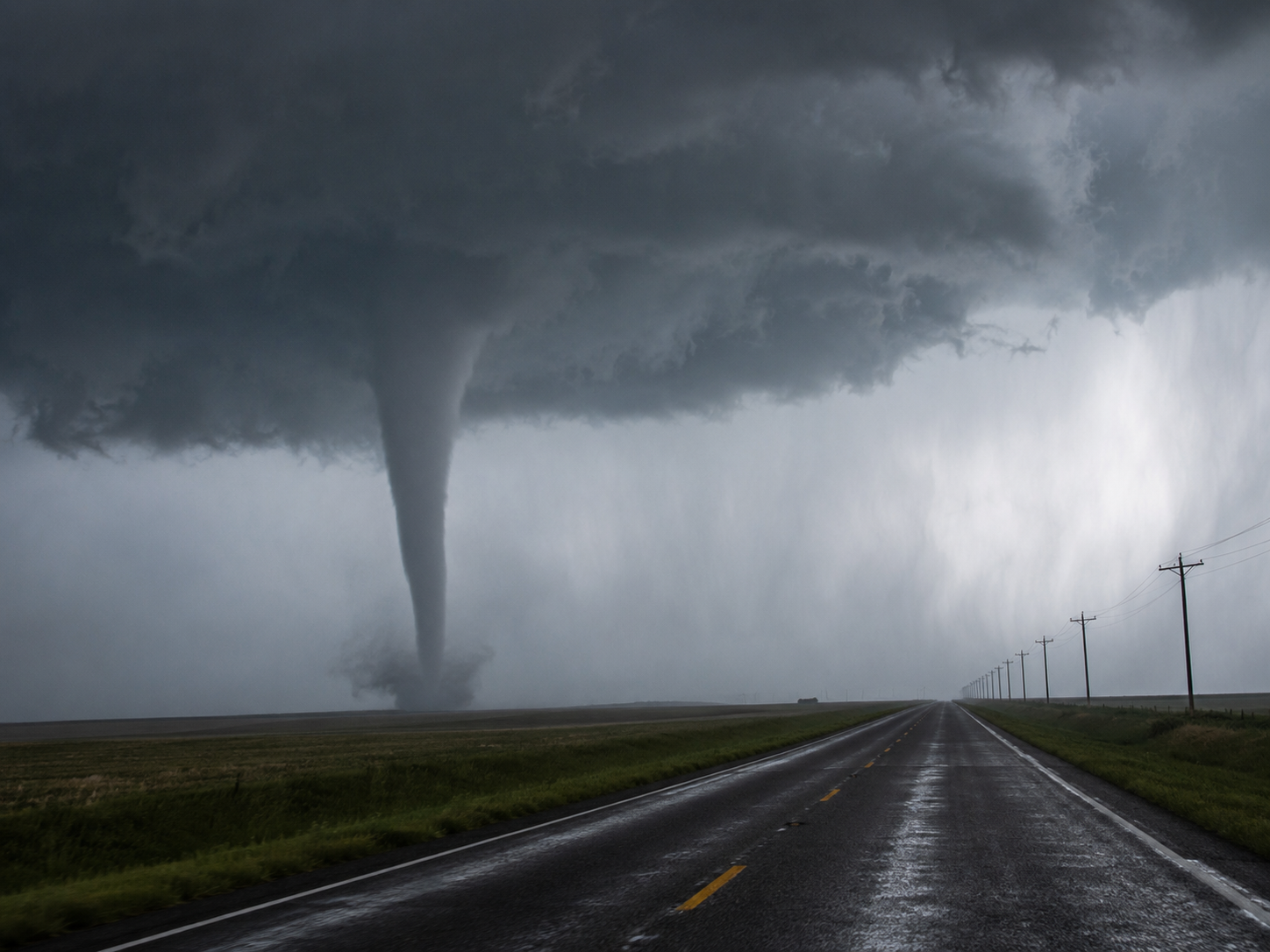 A massive tornado touches down on a rural highway under dark storm clouds in the Great Plains.
