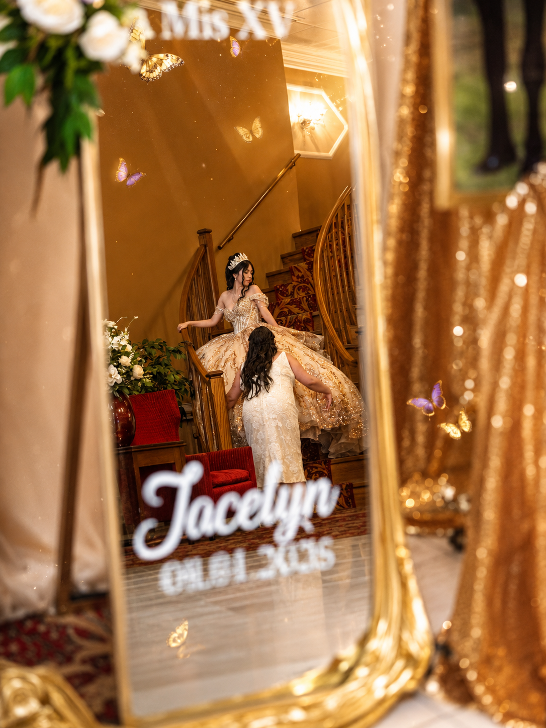 Gold-framed mirror reflecting a quinceañera girl in a ballgown at Jacelyn's Mis XV celebration on 04.04.2025.