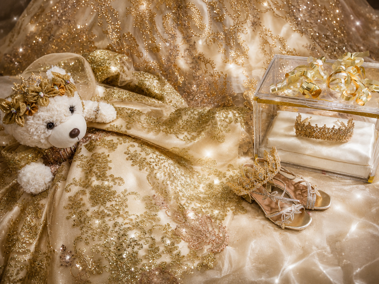 Golden glittery gown with teddy bear, crown, and heels arranged elegantly on a sparkling surface.