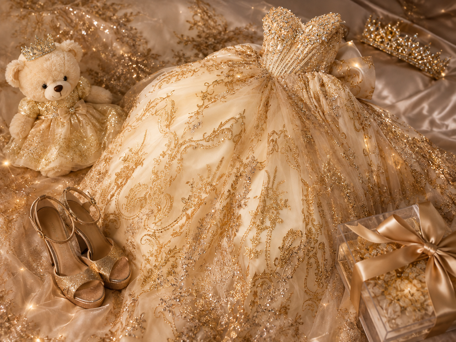 Gold quinceañera gown with floral embroidery, matching heels, teddy bear, and tiara displayed on elegant golden fabric.