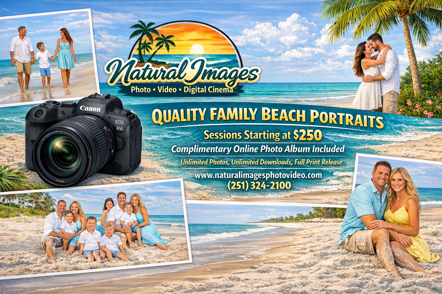 Professional beach photography advertisement banner showing coastal portraits and family photos on tropical shores.