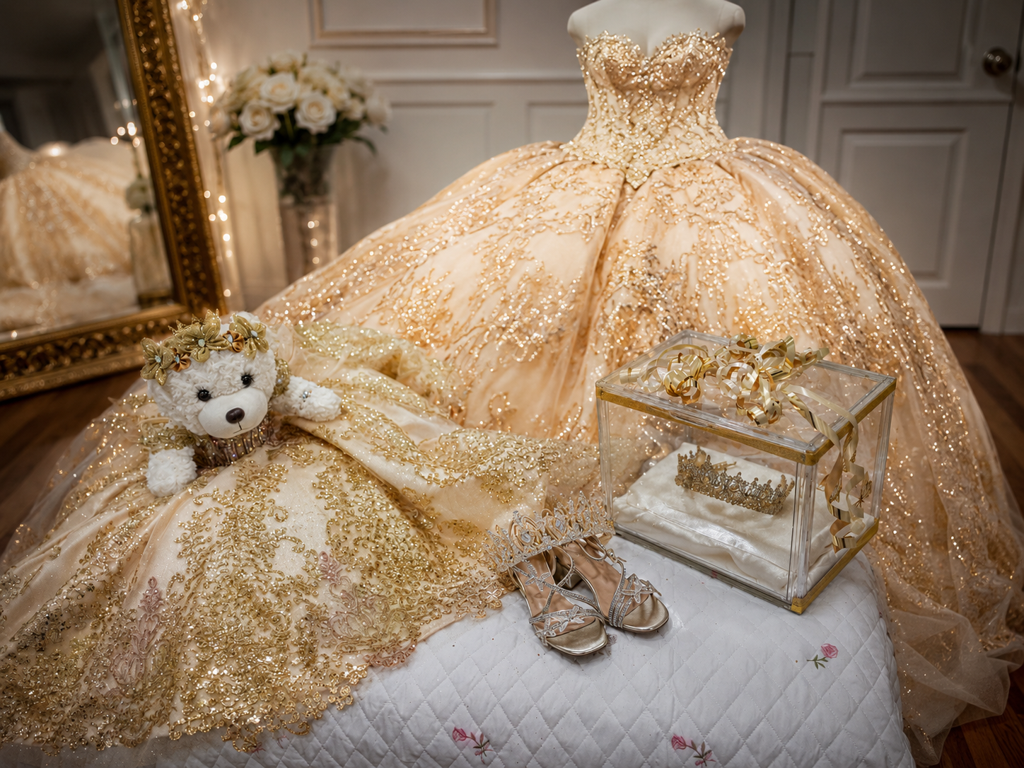 Elegant gold quinceañera gown with lace embroidery displayed beside matching doll dress, crystal heels, and decorative jewelry box.