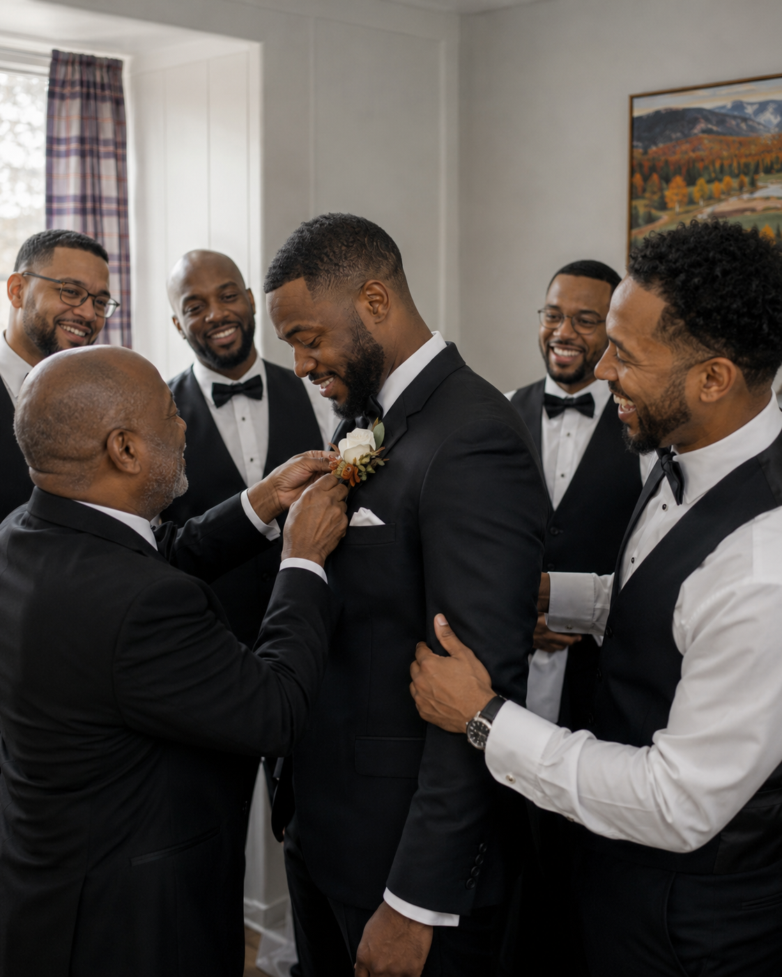 Groom getting boutonniere pinned by groomsmen in black tuxedos, smiling indoors before wedding ceremony.