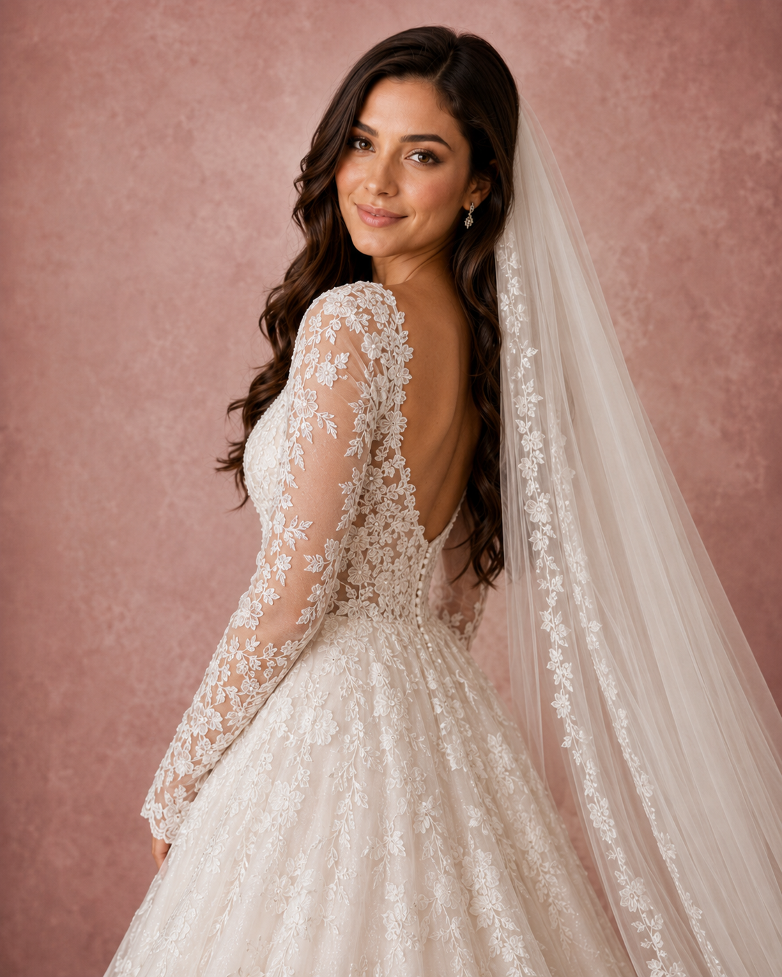 Bride in lace long-sleeve backless wedding gown with floral embroidery and cathedral veil on pink background.