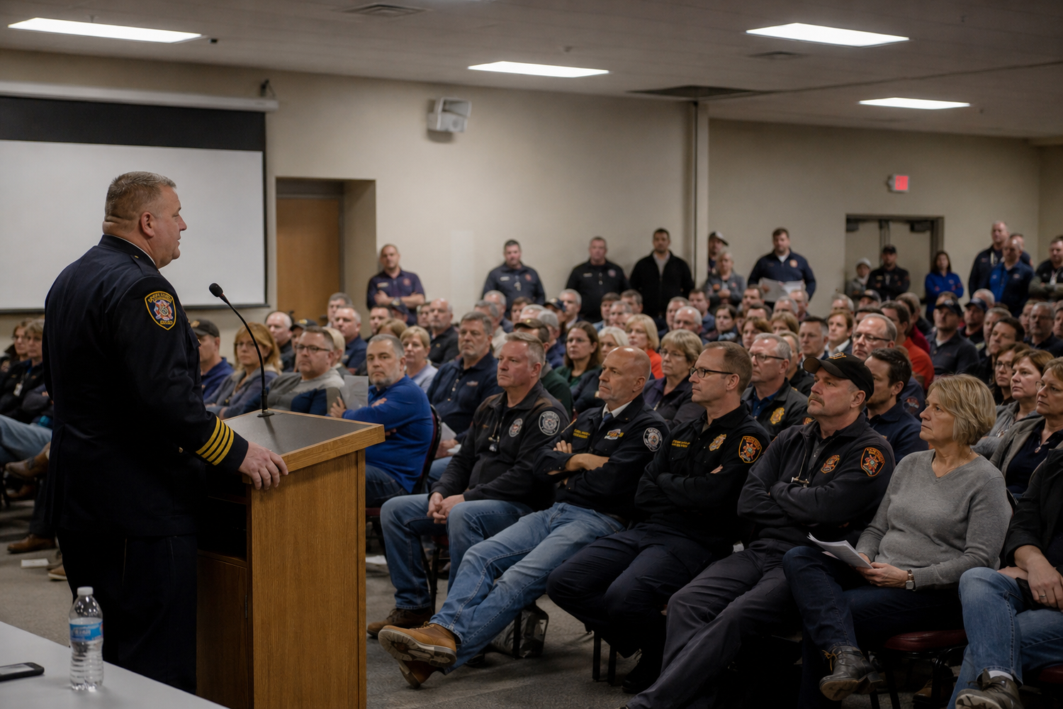 Police chief addresses a packed room of law enforcement officers and community members at an official briefing.
