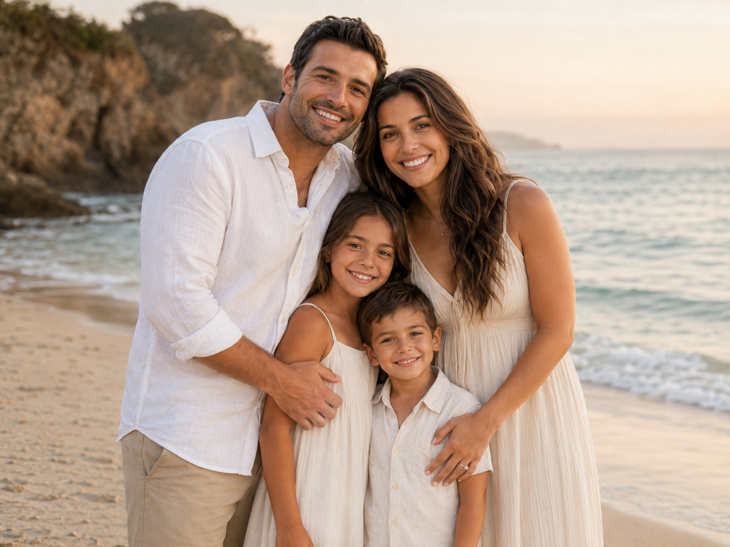 Happy family of four posing together on a sunny beach, dressed in white and beige outfits.