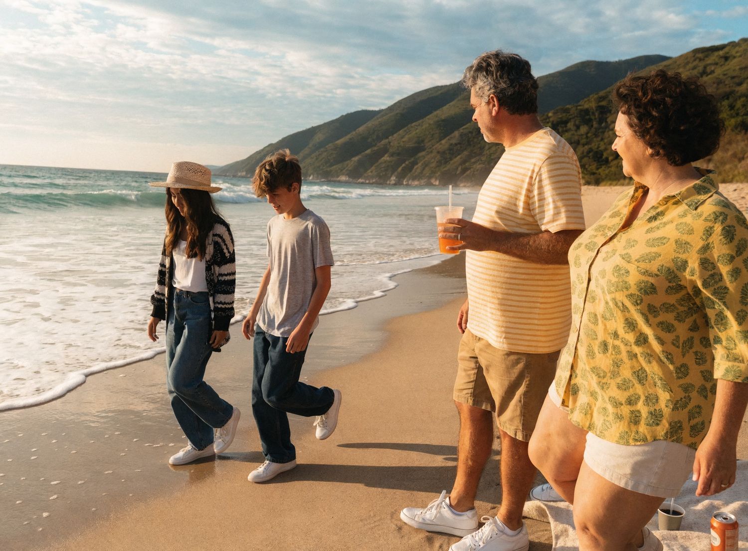 Family of four walking along a scenic beach at sunset with ocean waves and green mountains in the background.