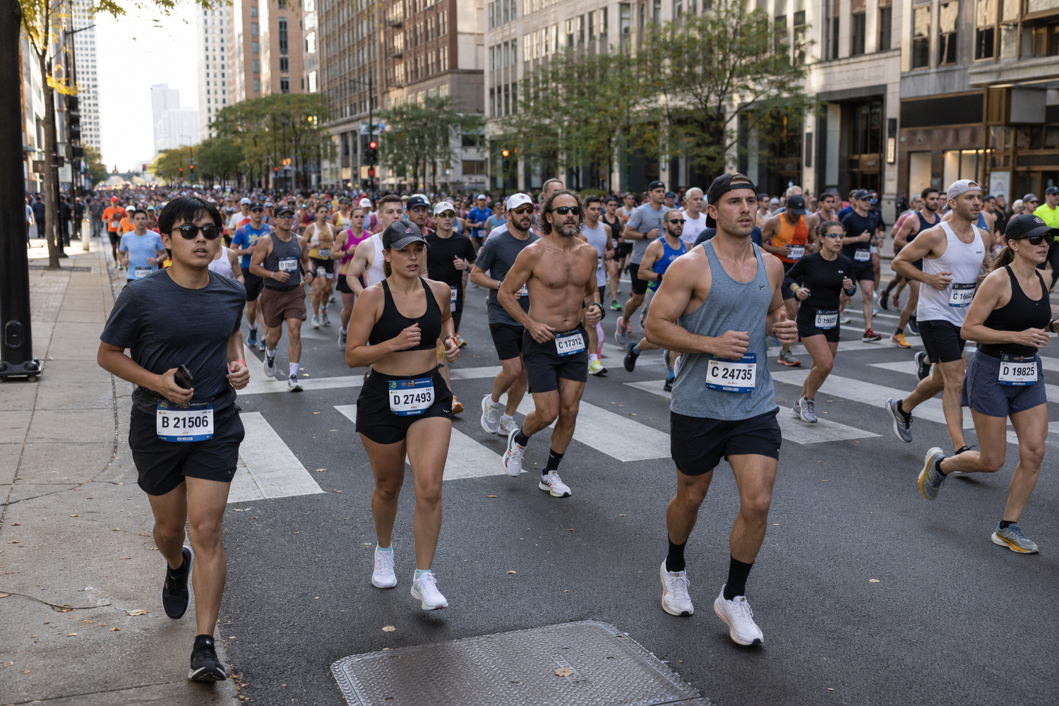Crowds of runners race through city streets during a marathon on a sunny day.
