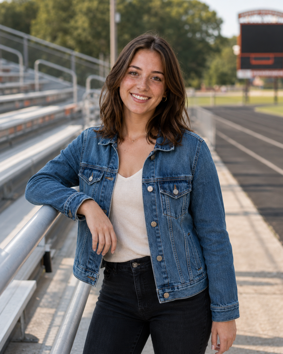 Smiling young woman in denim jacket and black jeans leaning on bleacher railing at a high school track.