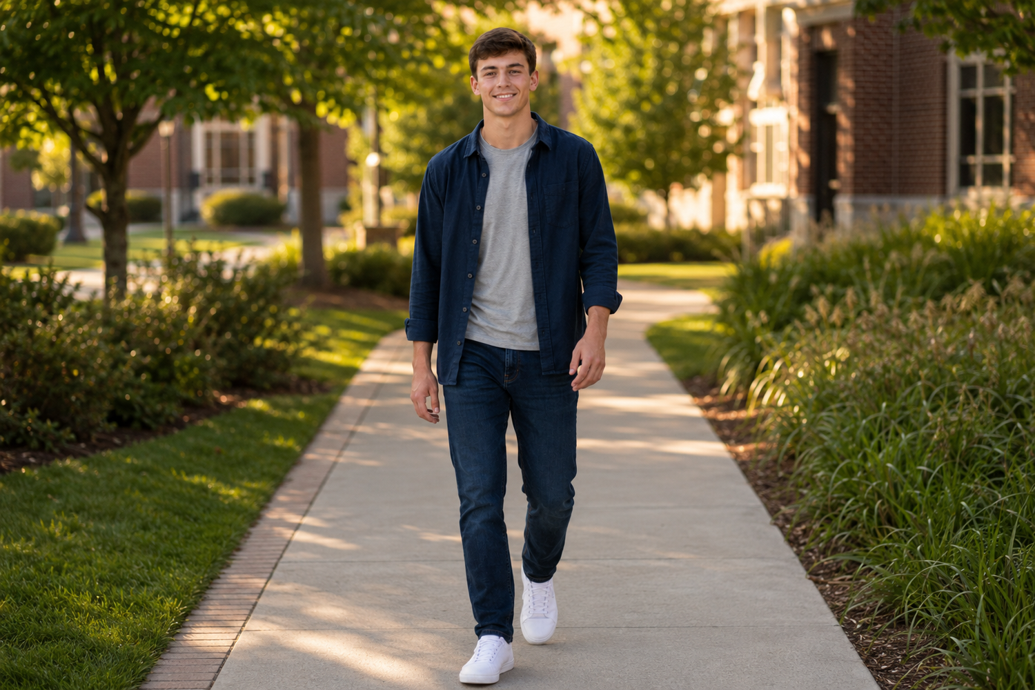 Teen boy in navy shirt and jeans walking on sunny campus pathway.