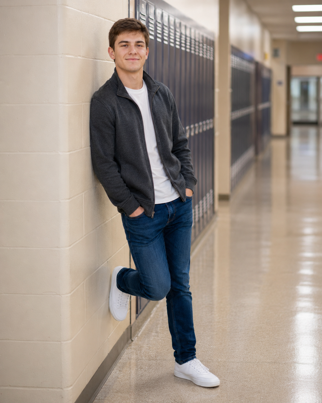 Teen boy in dark jacket leaning against school lockers in hallway.