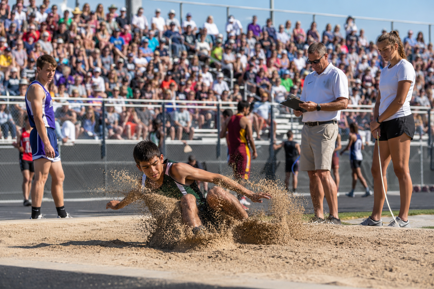 Athlete lands in sand pit during long jump competition at packed outdoor track and field meet.