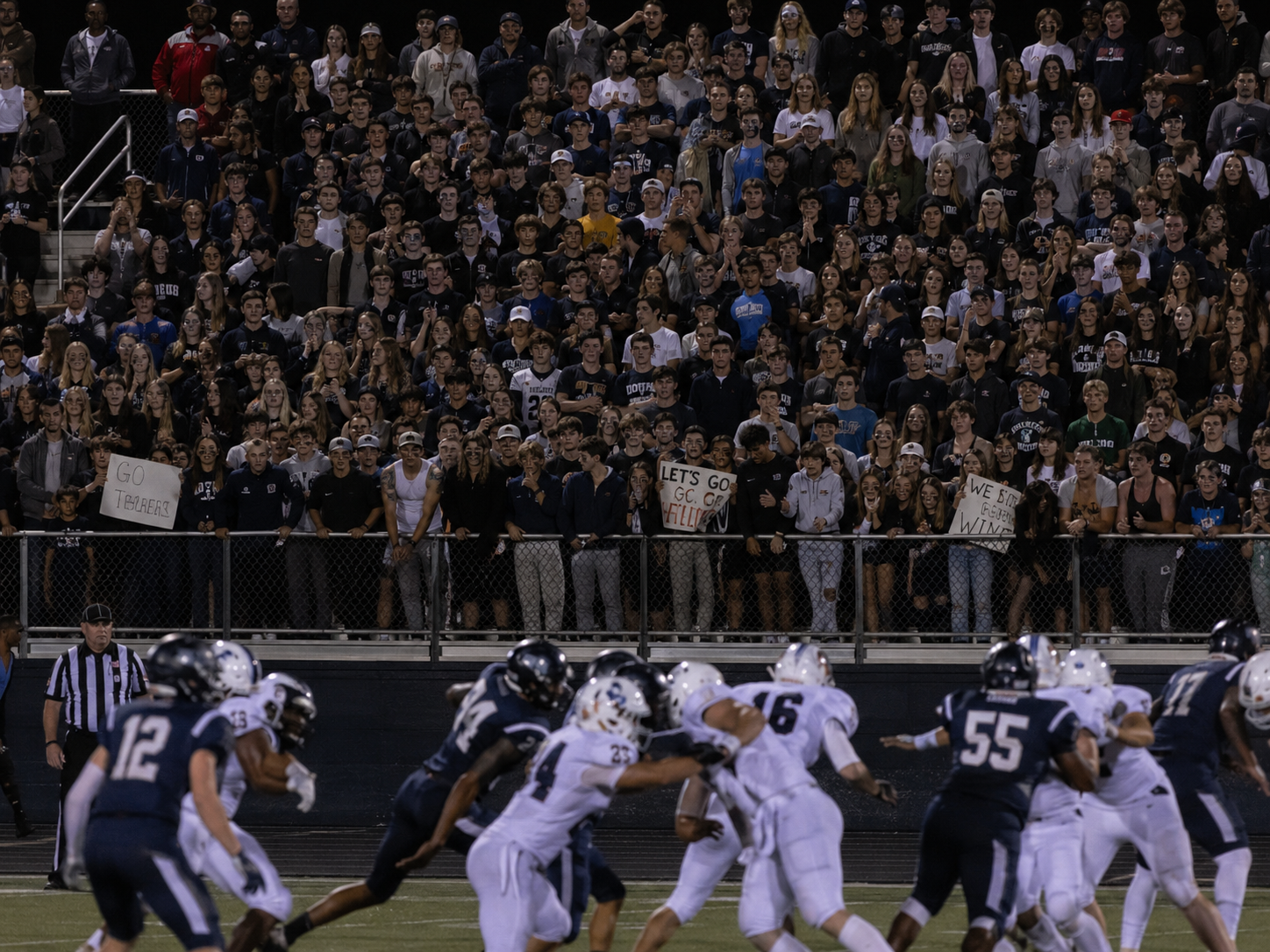 Football players compete on the field as a large crowd of enthusiastic fans watches from the stands at a night game.