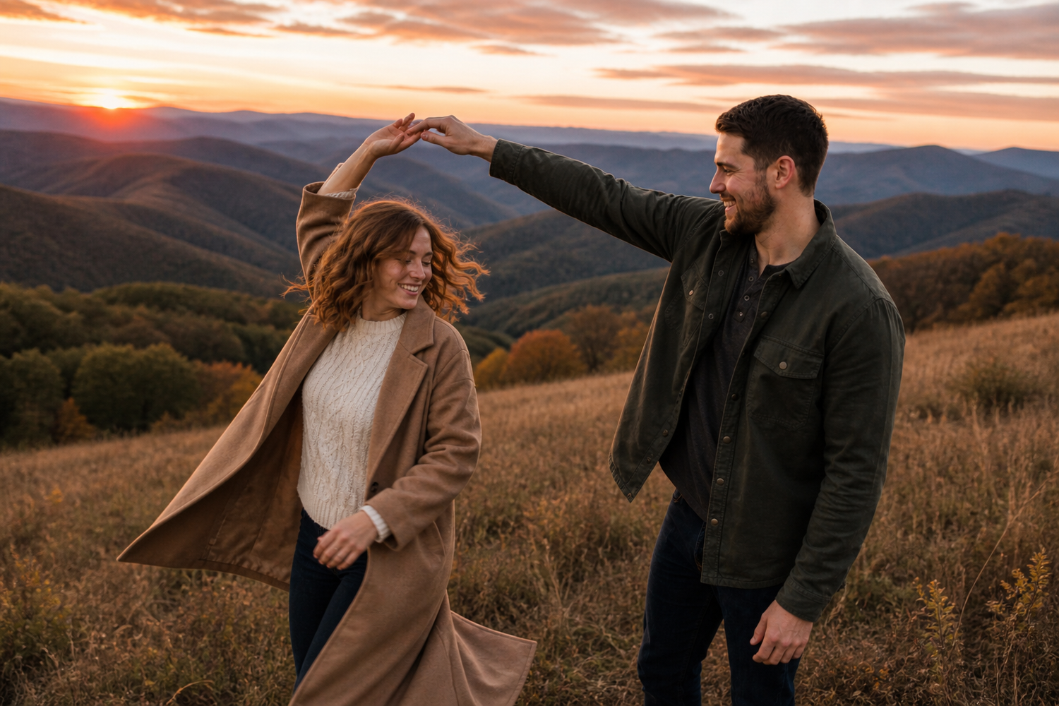 Couple dancing joyfully at golden hour sunset on a scenic mountain meadow in fall.