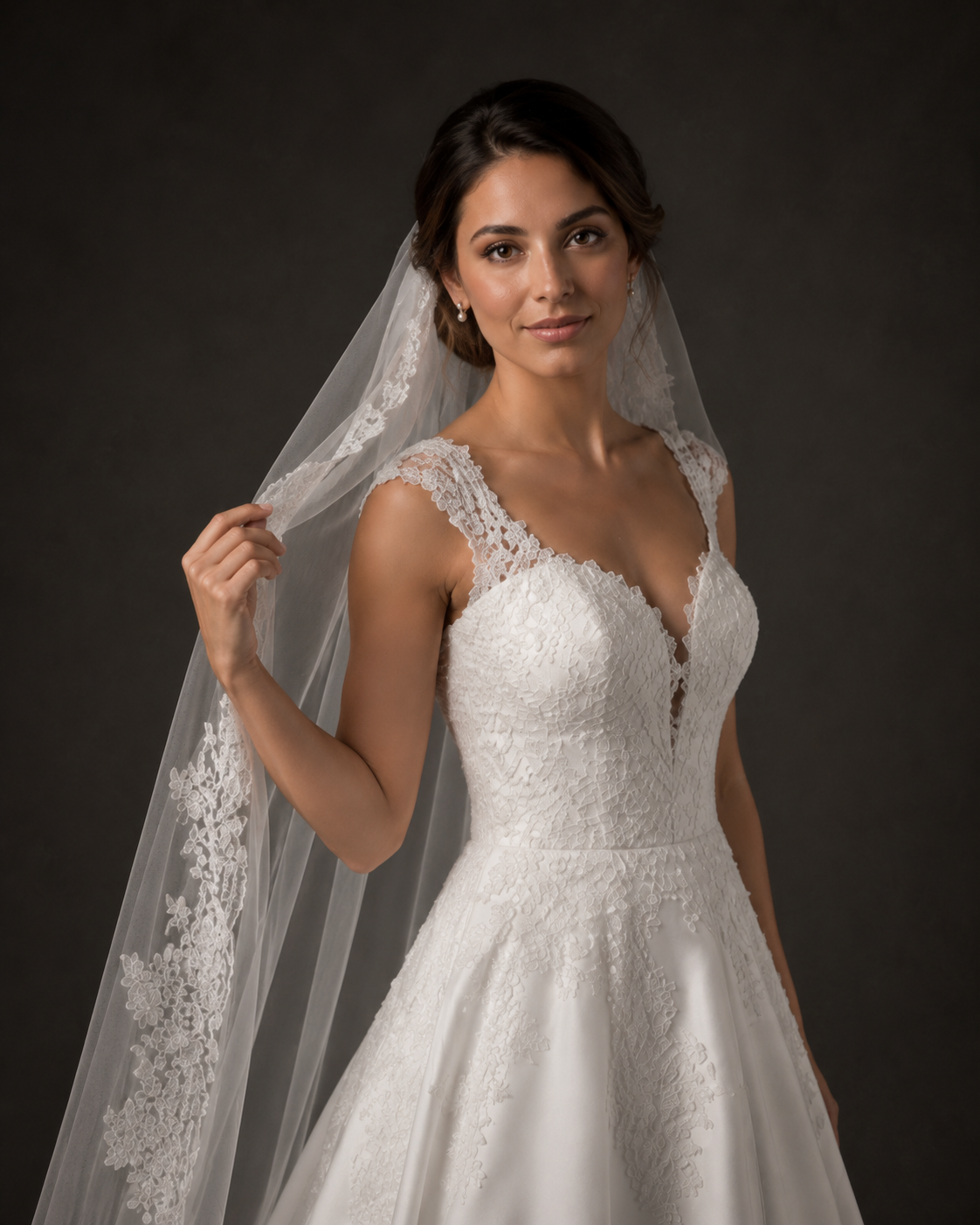 Bride in lace A-line wedding gown with cap sleeves and cathedral veil with floral lace trim.