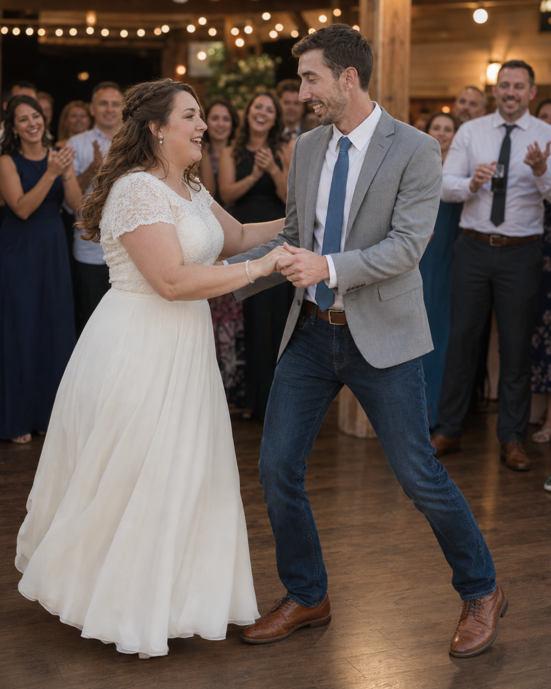 Bride and groom share a joyful first dance at their rustic wedding reception with guests celebrating in background.