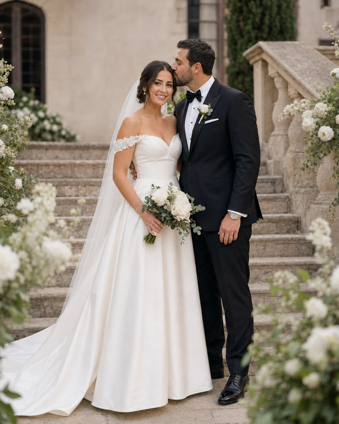 Bride in off-shoulder gown holding white bouquet, groom in black tuxedo kissing her cheek on stone steps.