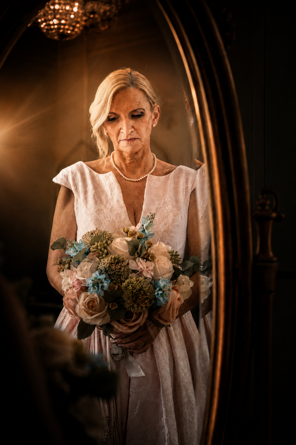 Elegant mature bride in lace gown holding neutral floral bouquet reflected in ornate gold mirror.