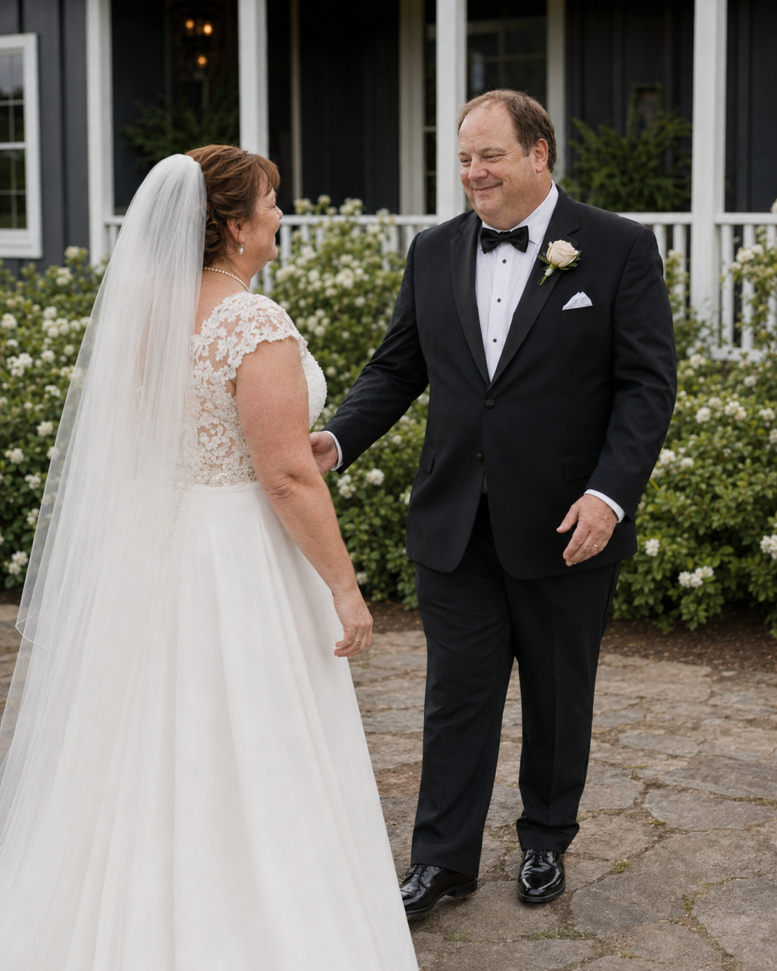 Bride in lace wedding gown with veil shares first look moment with groom in black tuxedo outdoors.