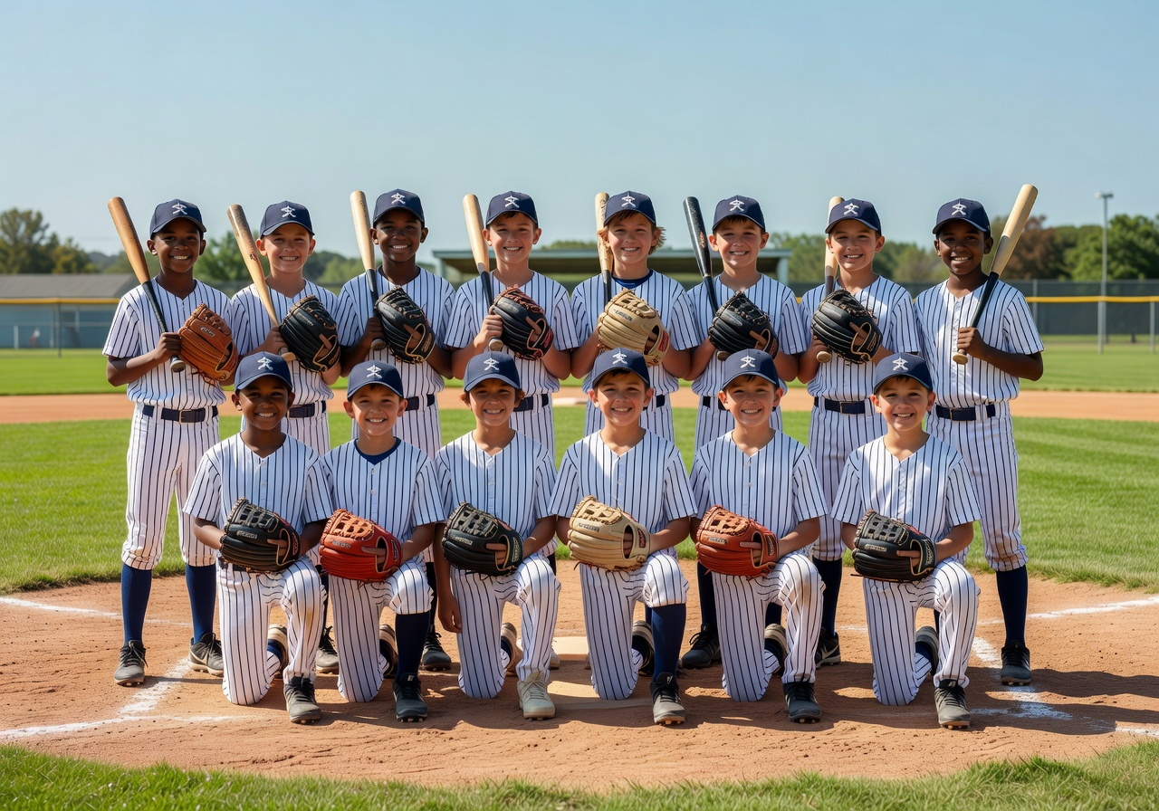 Youth baseball team in pinstripe uniforms posing with bats and gloves on a sunny baseball field.