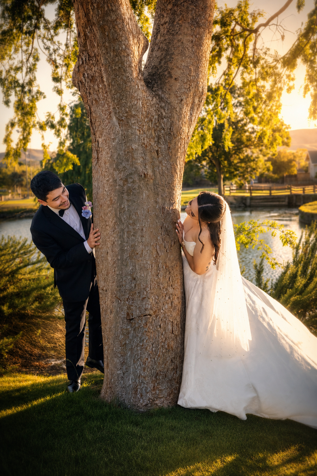 Wedding couple peeking at each other around a large tree at golden hour near a scenic pond.