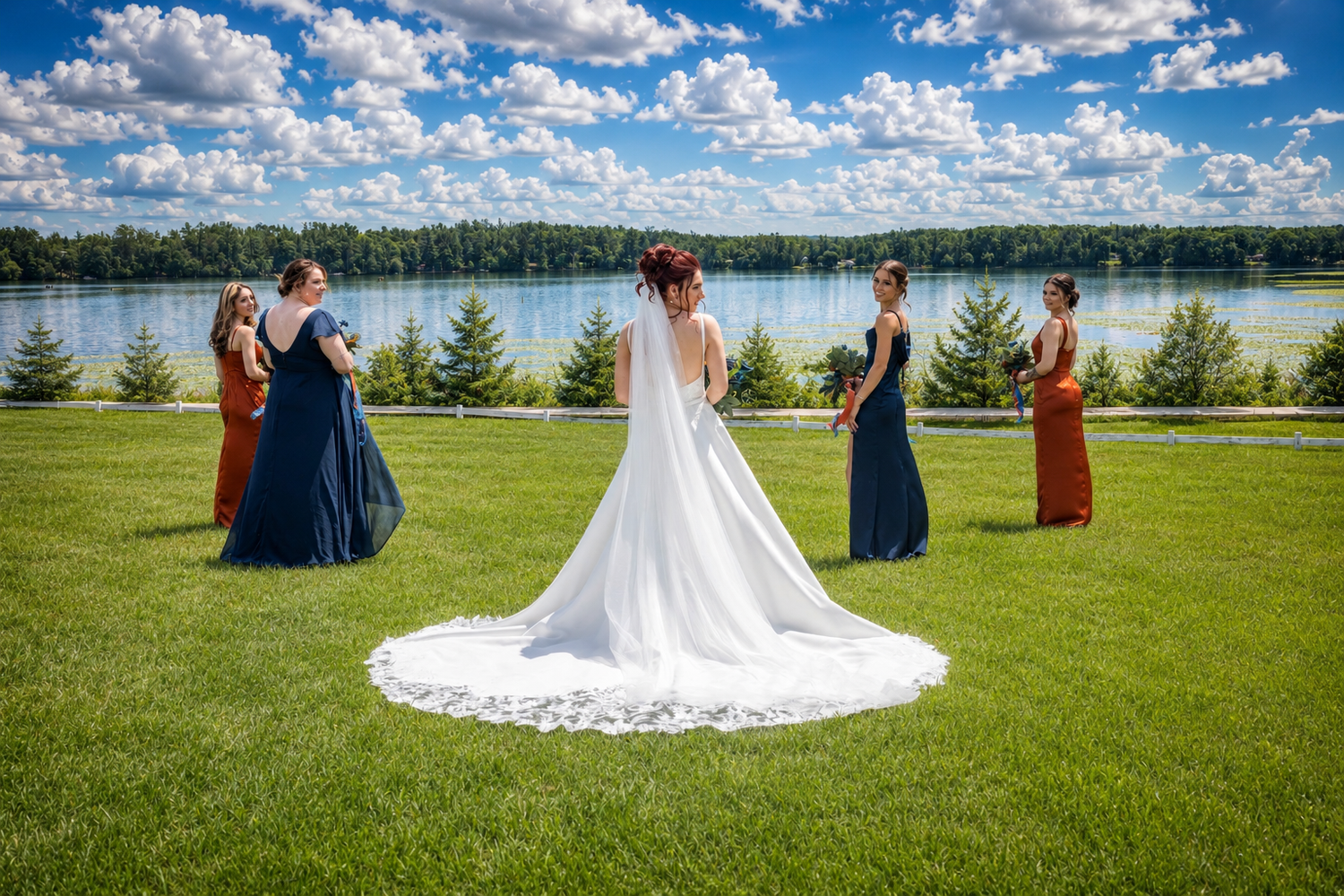 Bride in white gown with long train stands with bridesmaids in navy and rust dresses on green lawn by a lake.