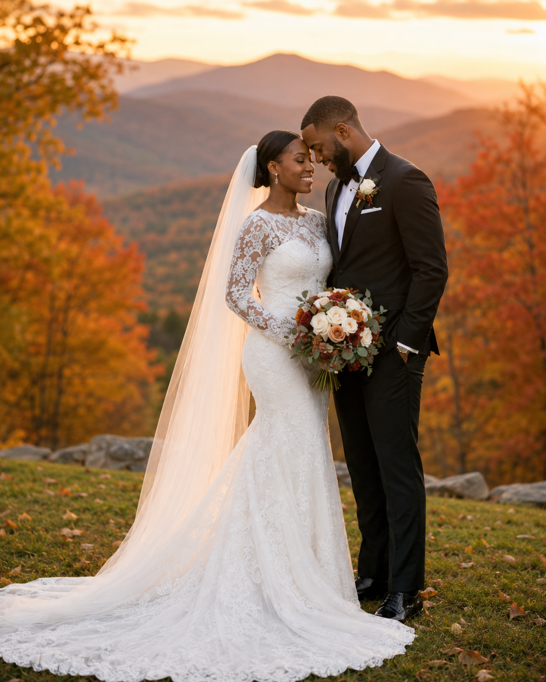 Bride and groom share romantic moment in fall mountain landscape, she in lace gown with veil, he in black tuxedo.