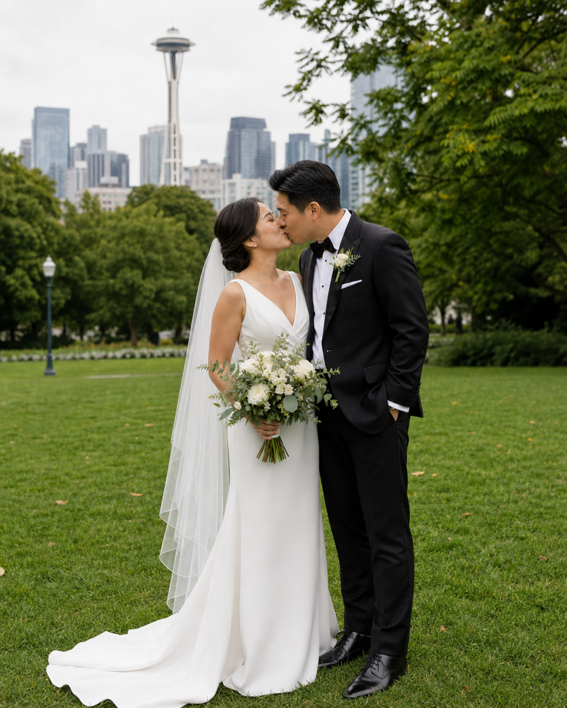 A bride and groom share a romantic kiss in a lush park with the Seattle Space Needle skyline in the background.