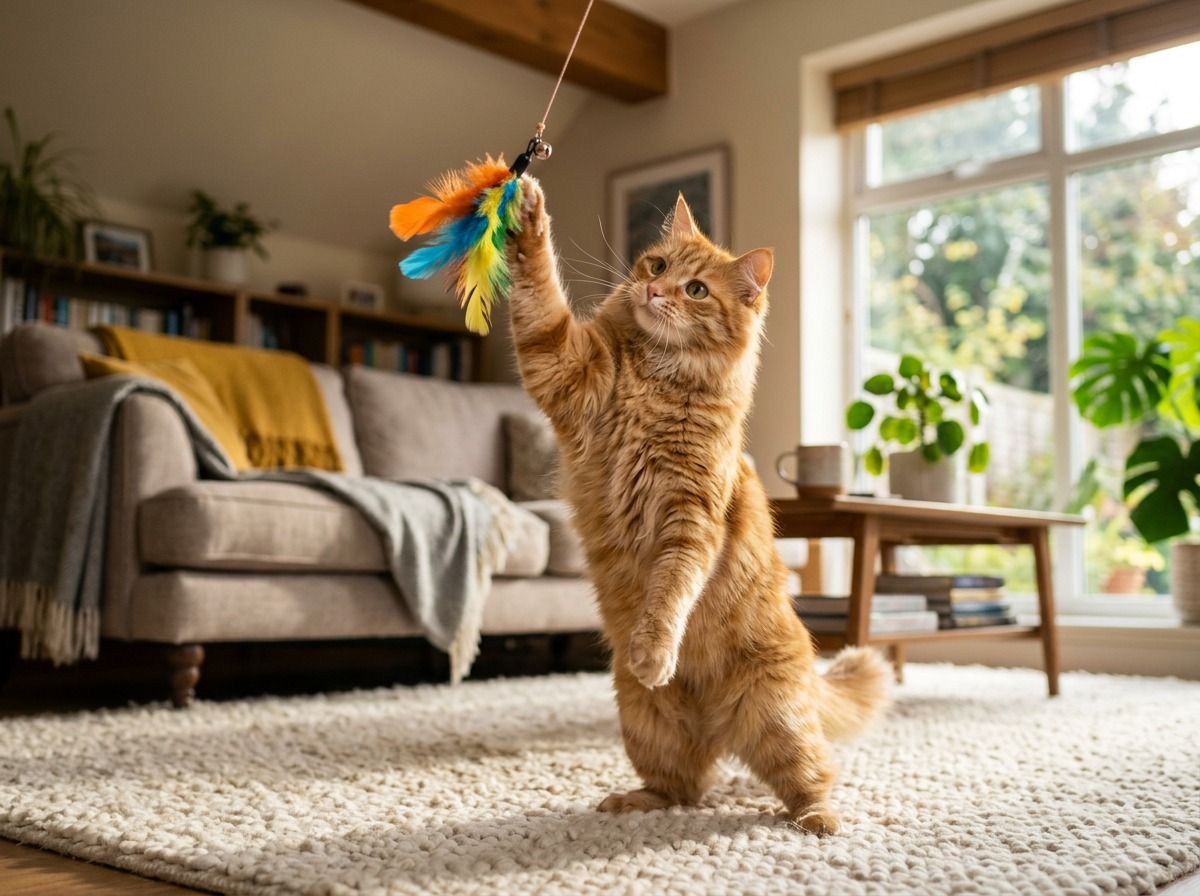 An orange tabby cat playfully leaps on its hind legs to swat a colorful feather wand toy in a bright living room.
