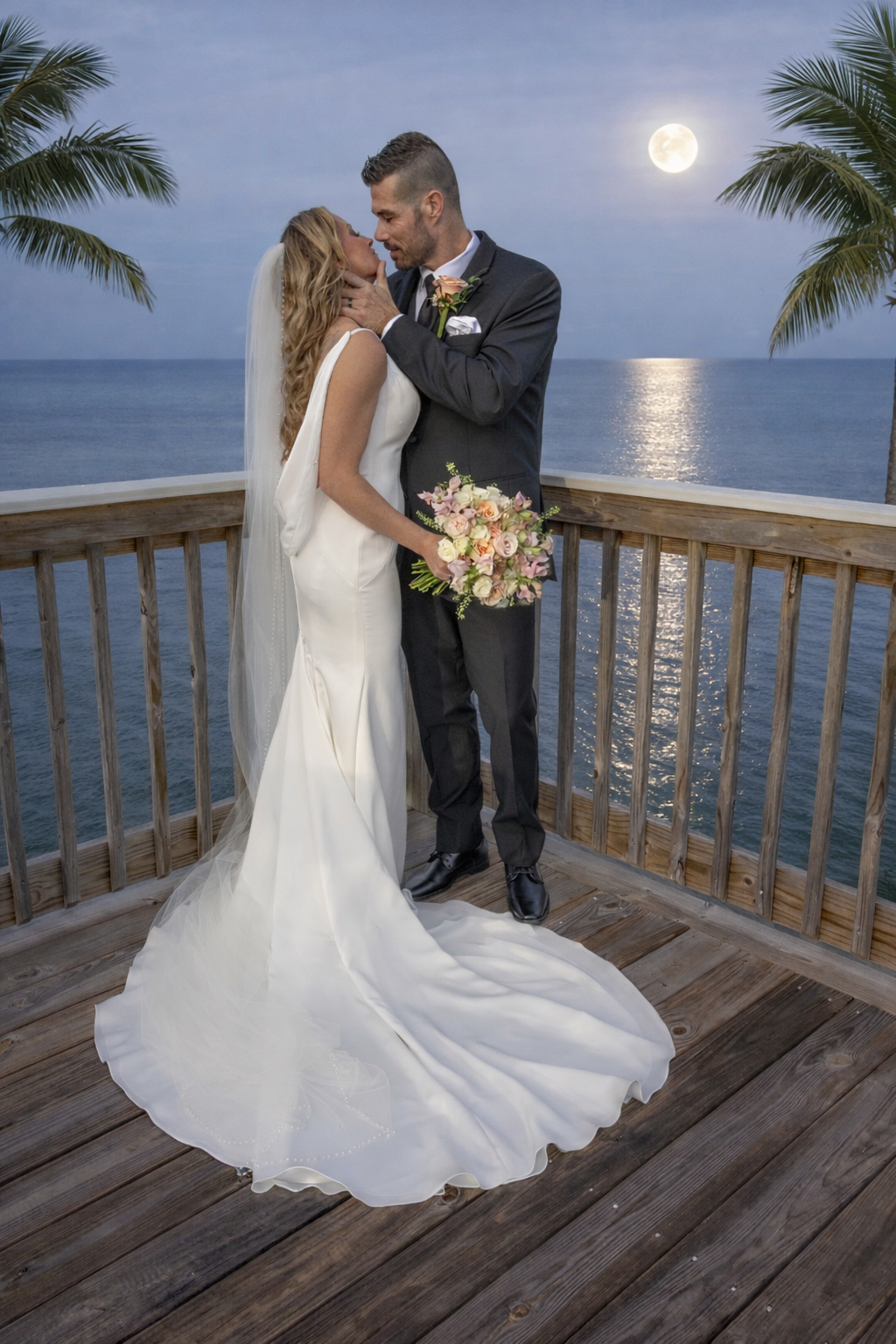 Bride and groom share a romantic kiss on a wooden deck overlooking the ocean under a full moon at dusk.