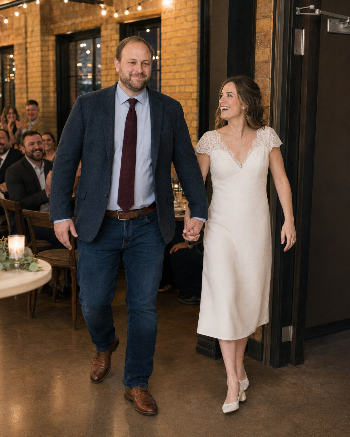 Happy couple holding hands in wedding attire, man in navy blazer and jeans, woman in white midi dress, at elegant venue.