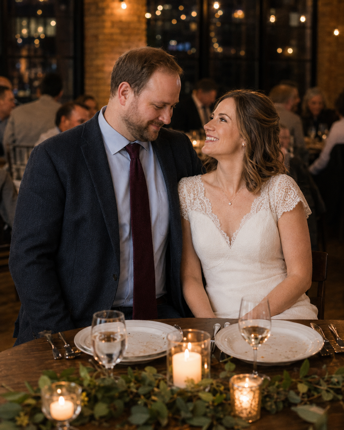 A happy couple shares a romantic moment at their wedding reception dinner table adorned with candles and greenery.