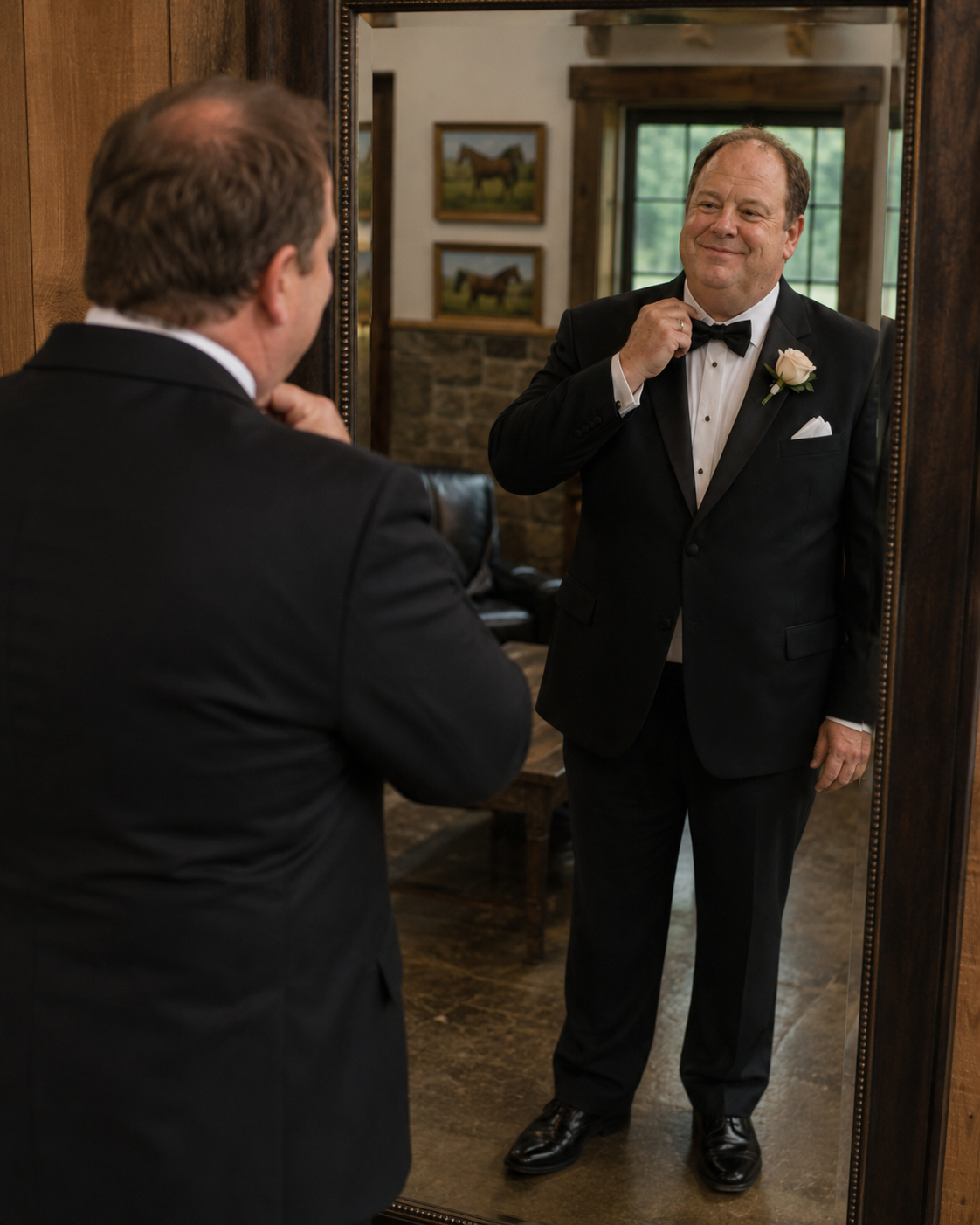 Dapper groom in black tuxedo adjusts his bow tie while admiring his reflection in an ornate full-length mirror.