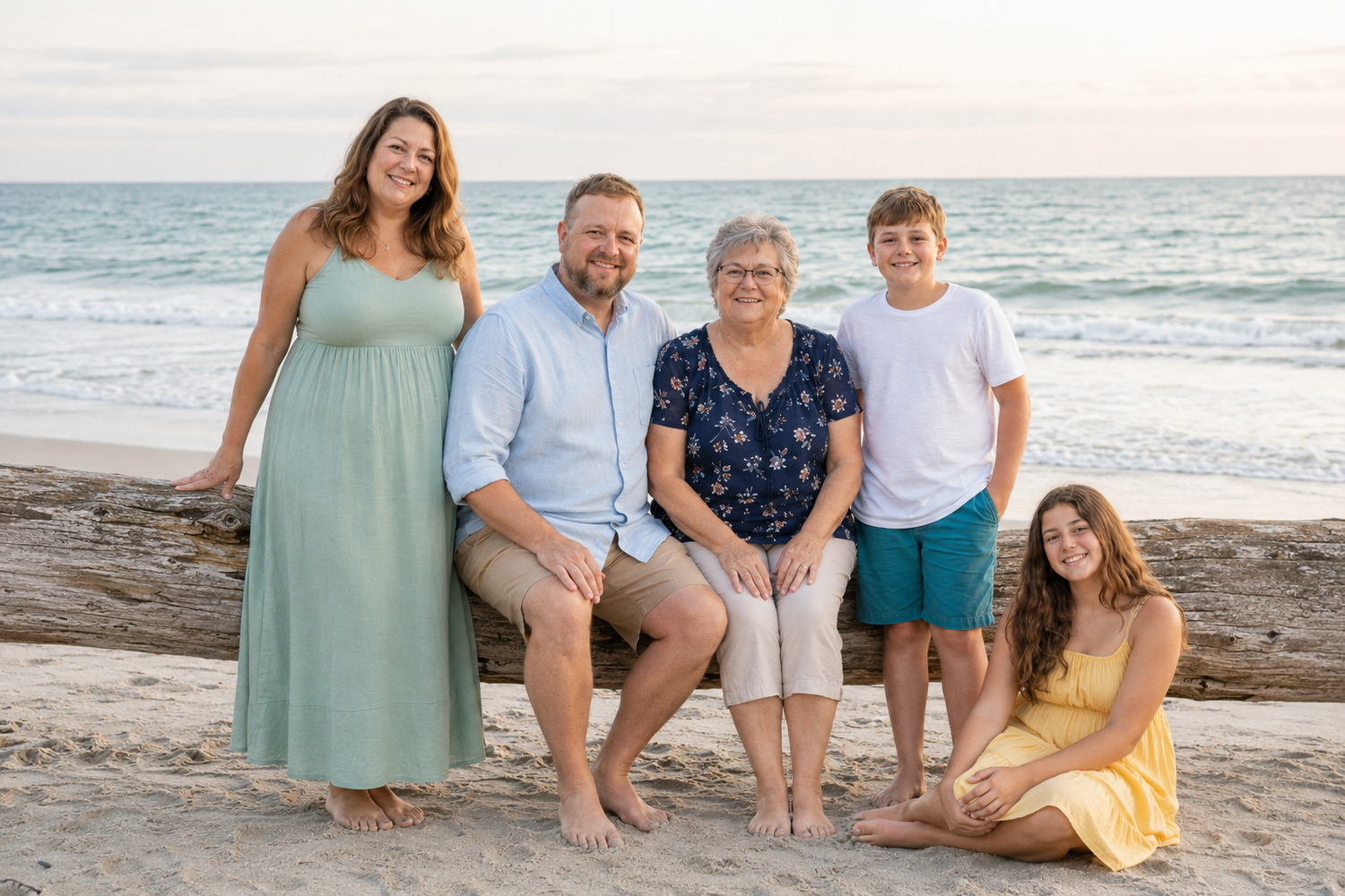 Family of five posing on a beach at sunset near driftwood.