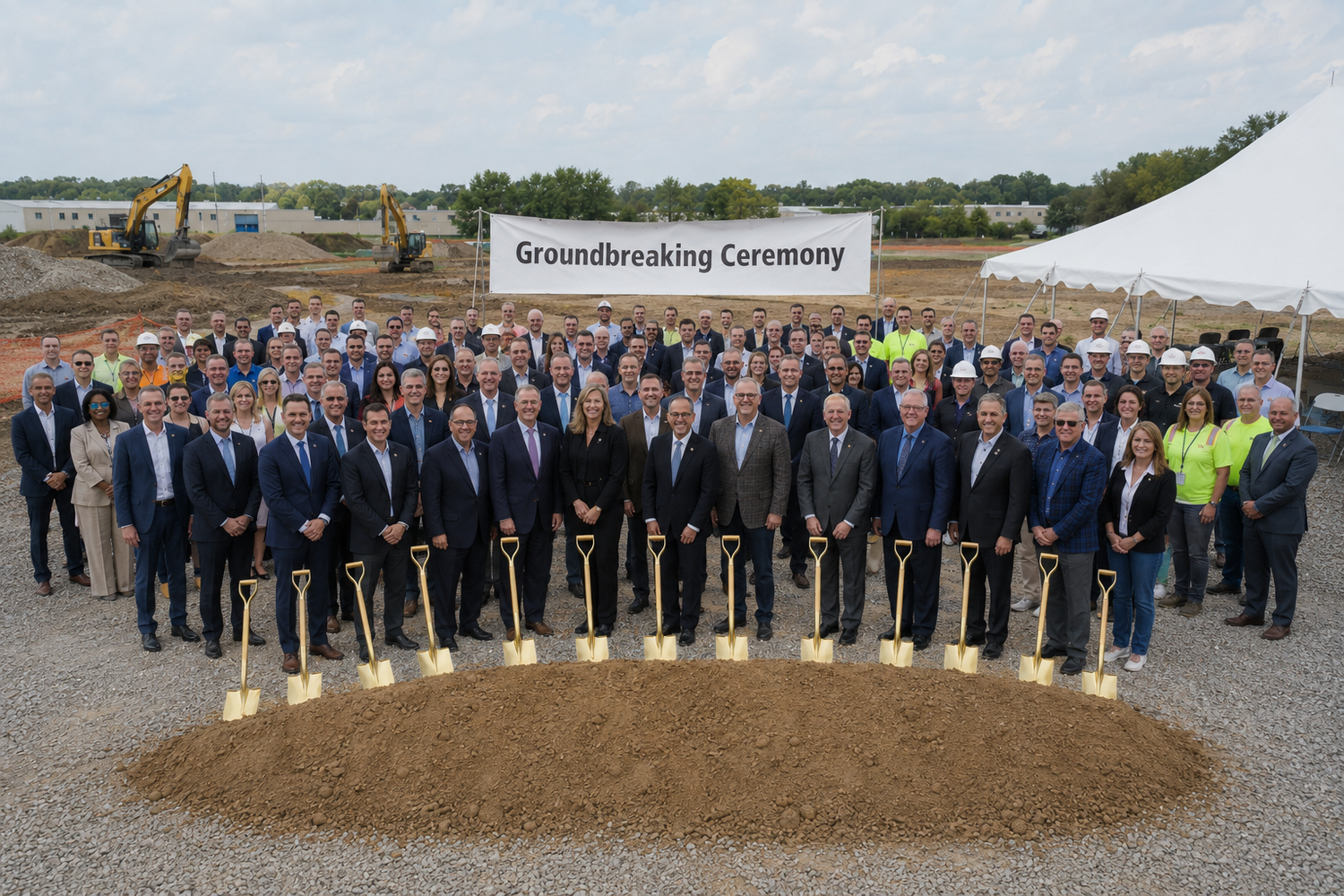 Group photo at groundbreaking ceremony with attendees holding golden shovels at construction site.