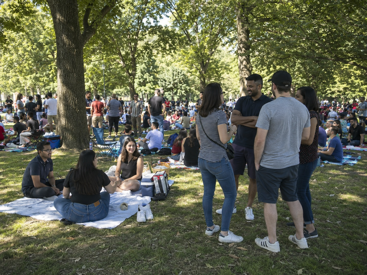 Diverse group of people enjoying a sunny outdoor park gathering, sitting on grass under lush green trees.