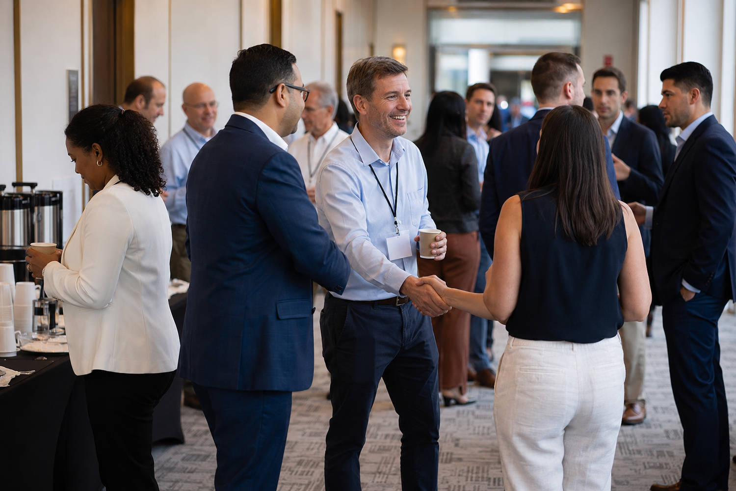 Business professionals networking and shaking hands at a corporate event in a modern conference venue.
