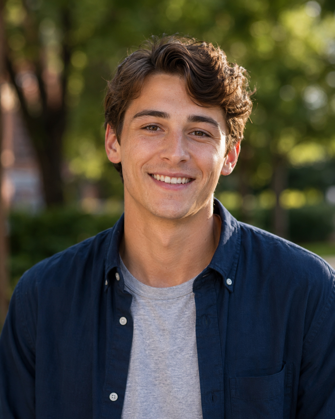 Young man with curly brown hair smiling outdoors, wearing a navy shirt over a gray tee, with green trees behind.