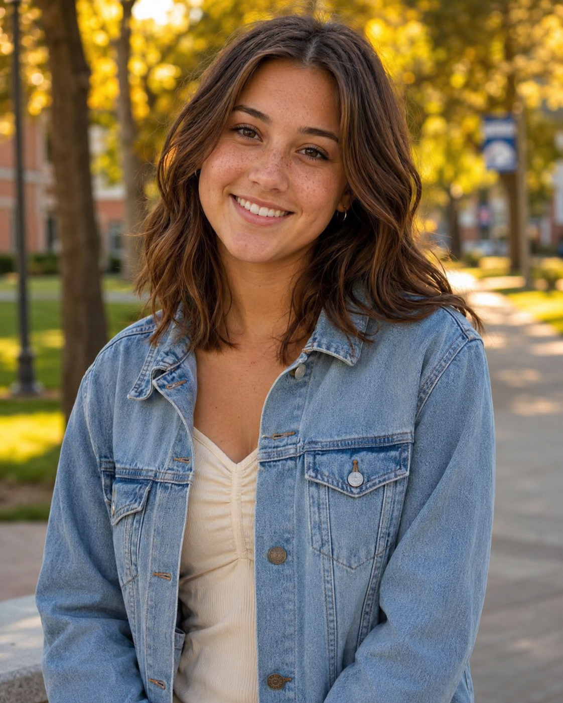 Smiling young woman in denim jacket posing outdoors with autumn trees in background.