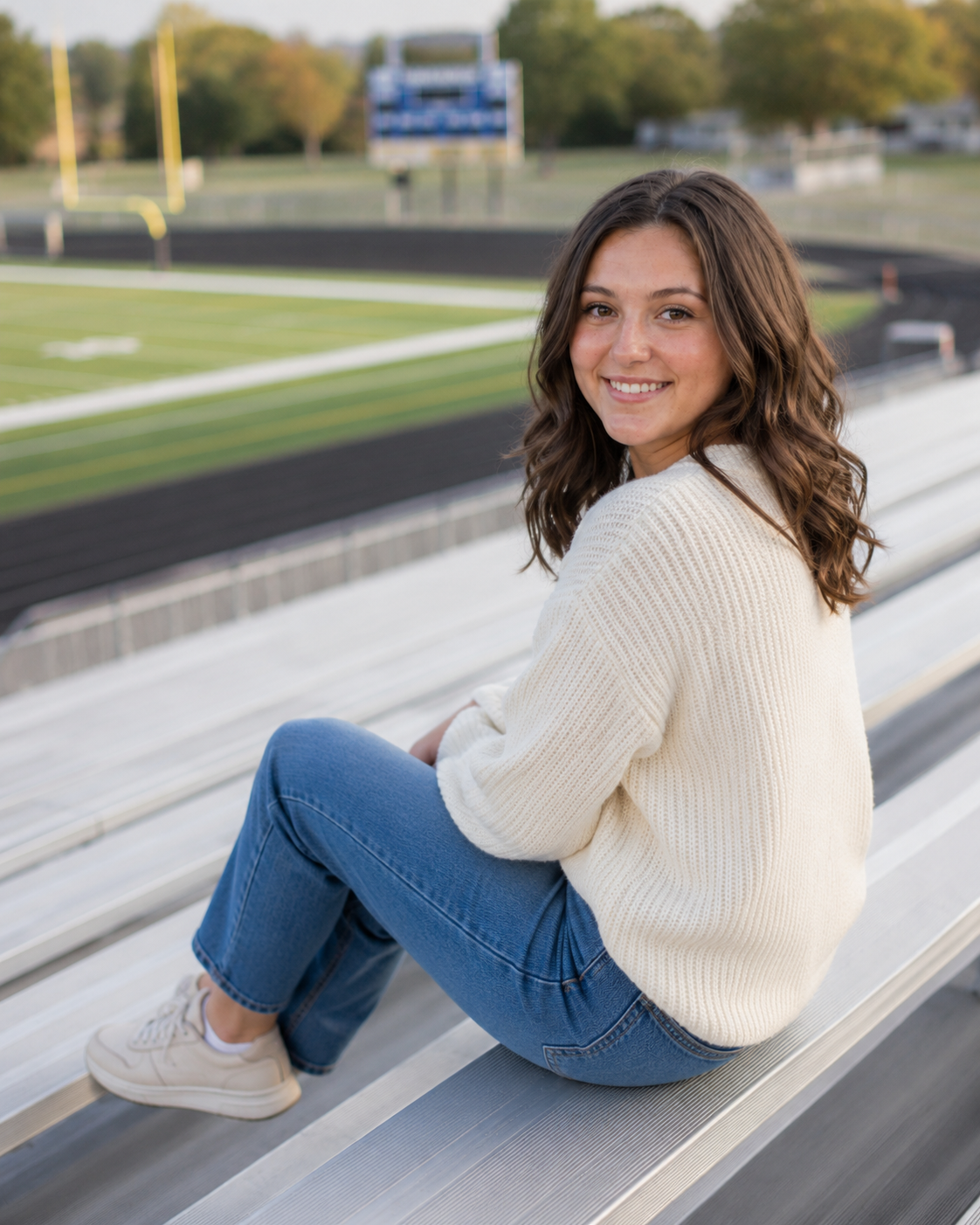 Young woman in cream sweater and jeans sitting on bleachers at a stadium.