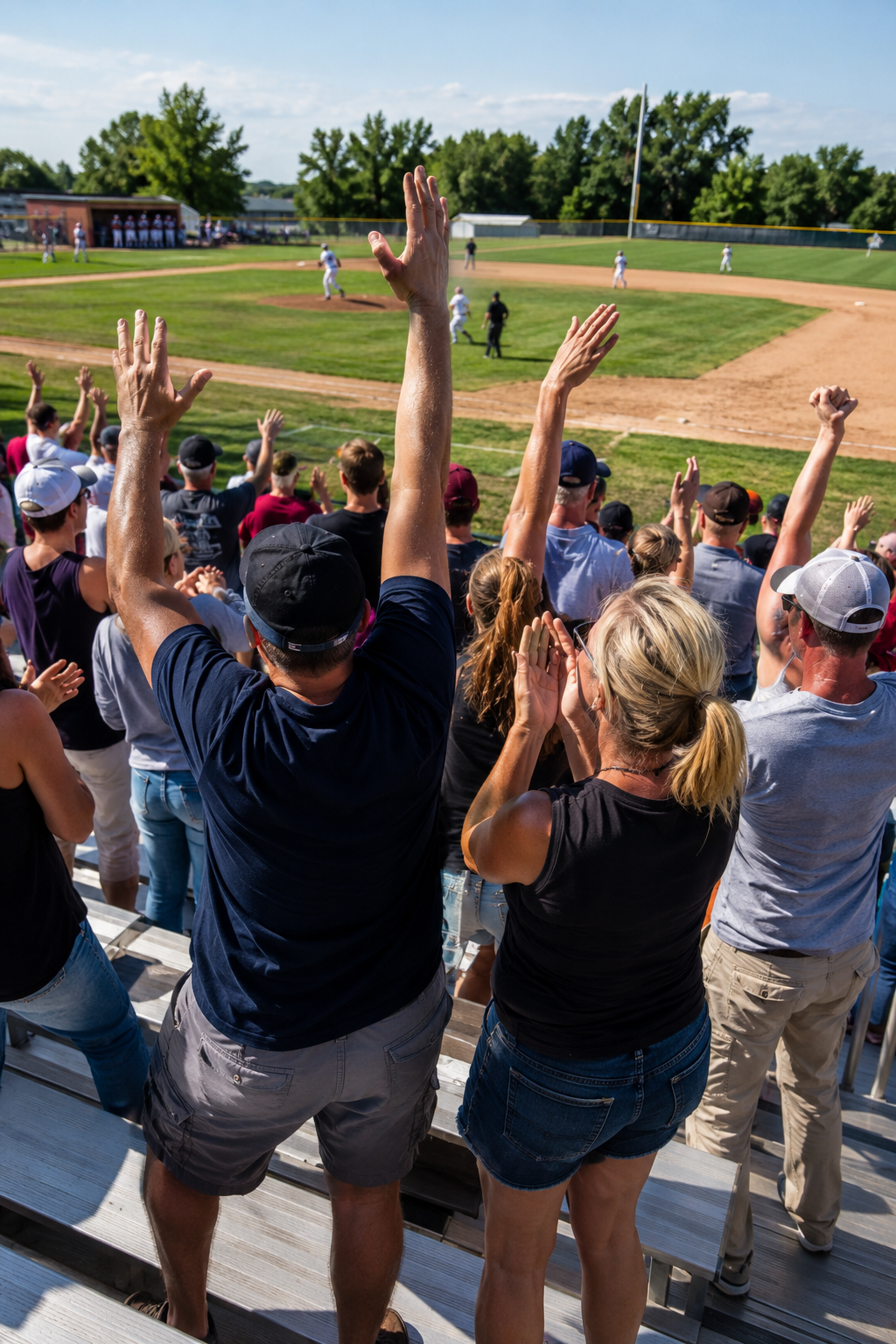 Excited baseball fans stand and raise hands cheering in bleachers with green field visible in background.