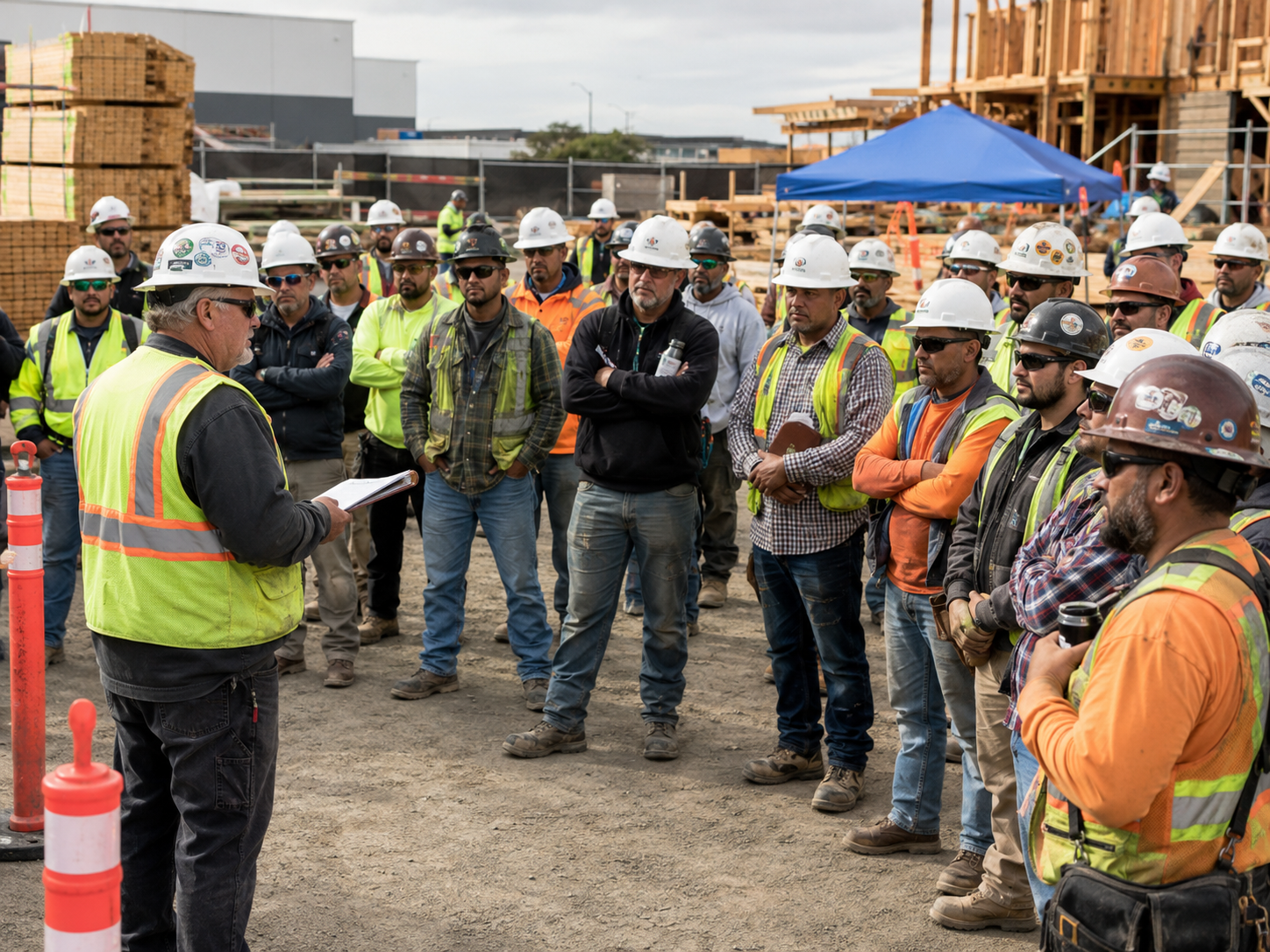Construction foreman in safety vest leads a toolbox talk with workers wearing hard hats on an active jobsite.