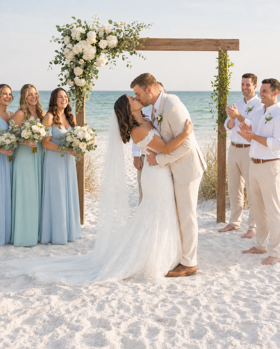 Bride and groom share first kiss on white sand beach wedding with blue bridesmaid dresses and wooden floral arch.